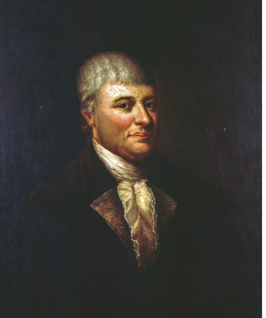 Bust-length oil portrait of Moses Michael Hays: grey hair, white cravat and jabot, dark coat against a dark ground.