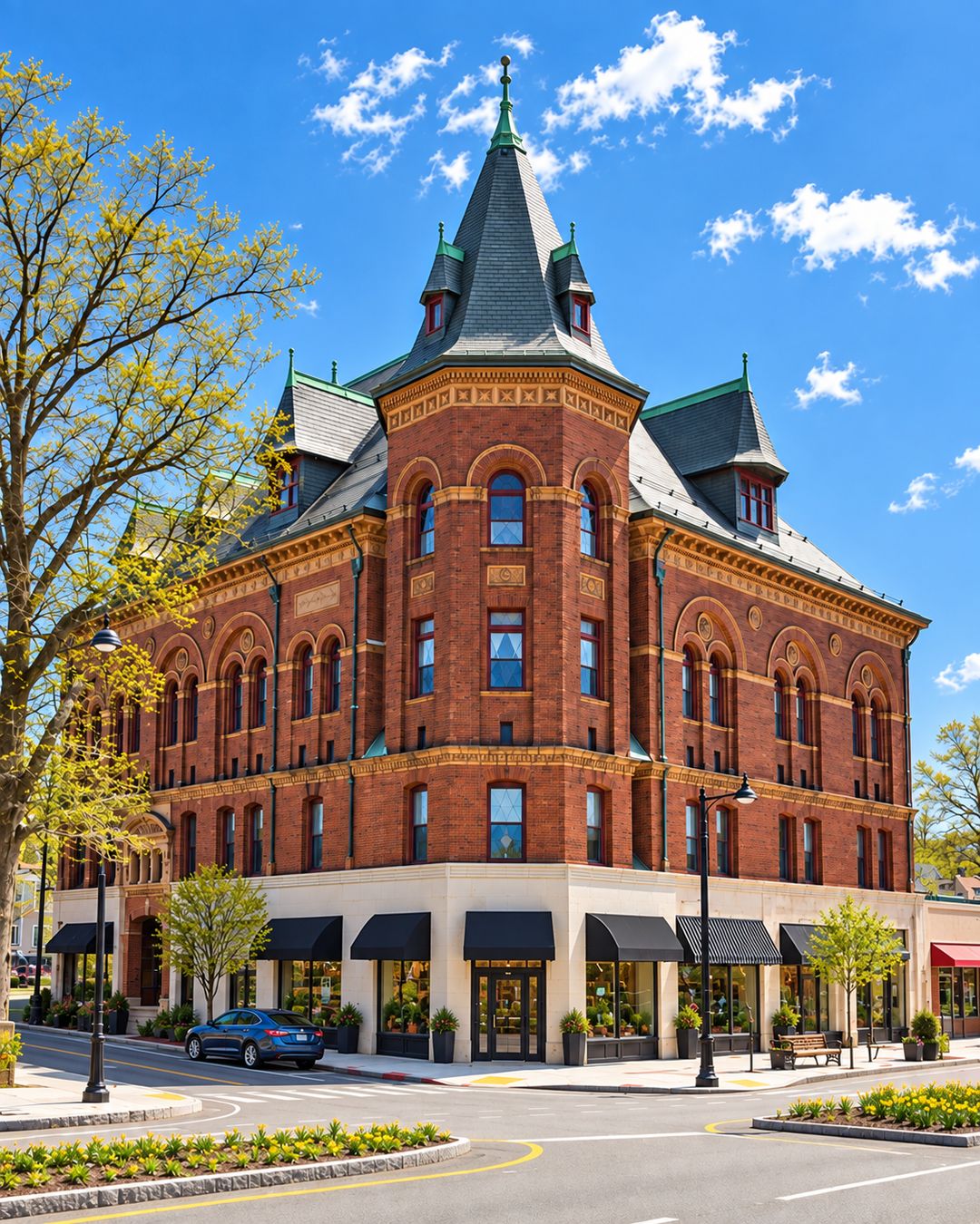 The Masonic Building at Newtonville: a Romanesque brick corner block of 1896 with a slate tower, storefronts beneath.